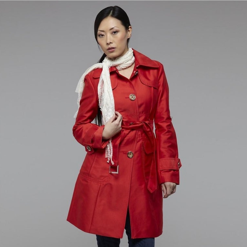 Kenneth Cole Red Trench Coat with Belted Waist